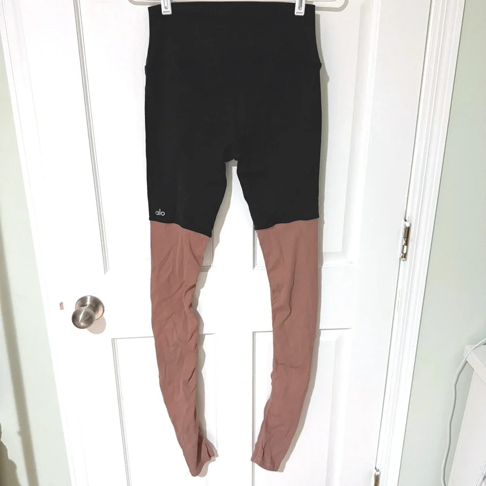 Alo Yoga High Waist Goddess Legging Black Mauve Pink Ribbed W7082R Size M